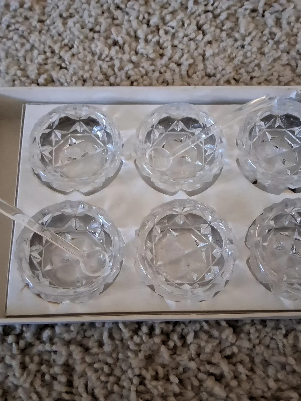 Vtg Set of 6 Salt Crystal Bowls & 2 Spoons Cut Glass Made in Japan w/Box